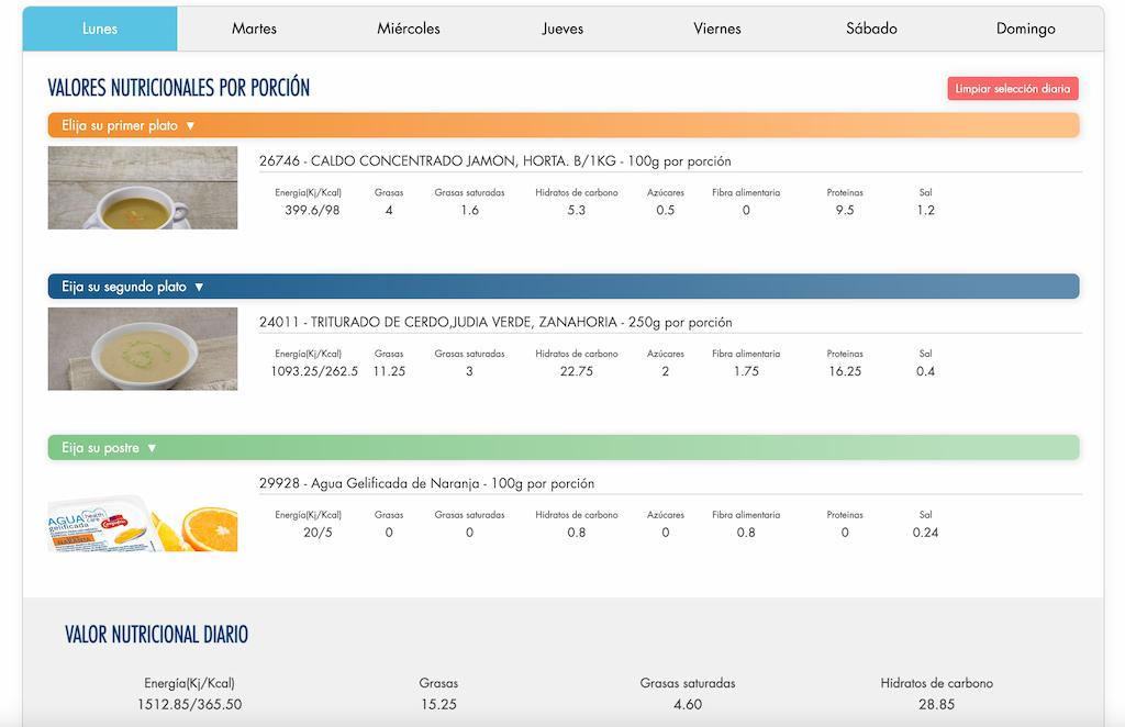 Pantalla calculadora nutricional